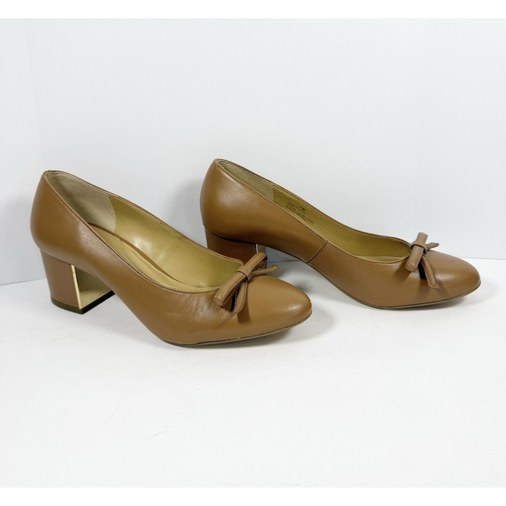 Talbots Isa Bow Nappa Pumps Block Heels Slip On Leather Office Minimalist Tan 7 - Picture 2 of 16